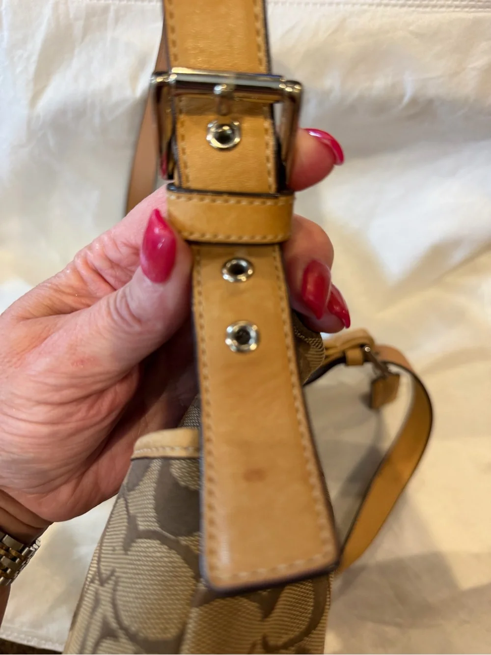Coach Khaki/Brown Signature Canvas Shoulder Bag with Tan Trim